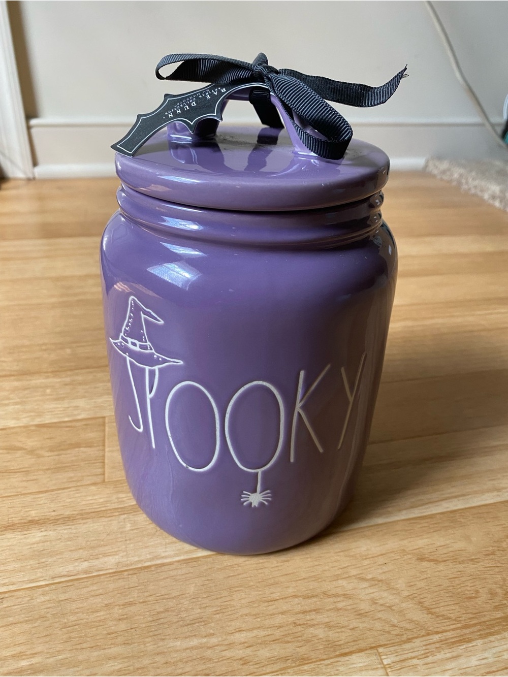 Rae Dunn purple Spooky Halloween canister witch hat and hanging spider